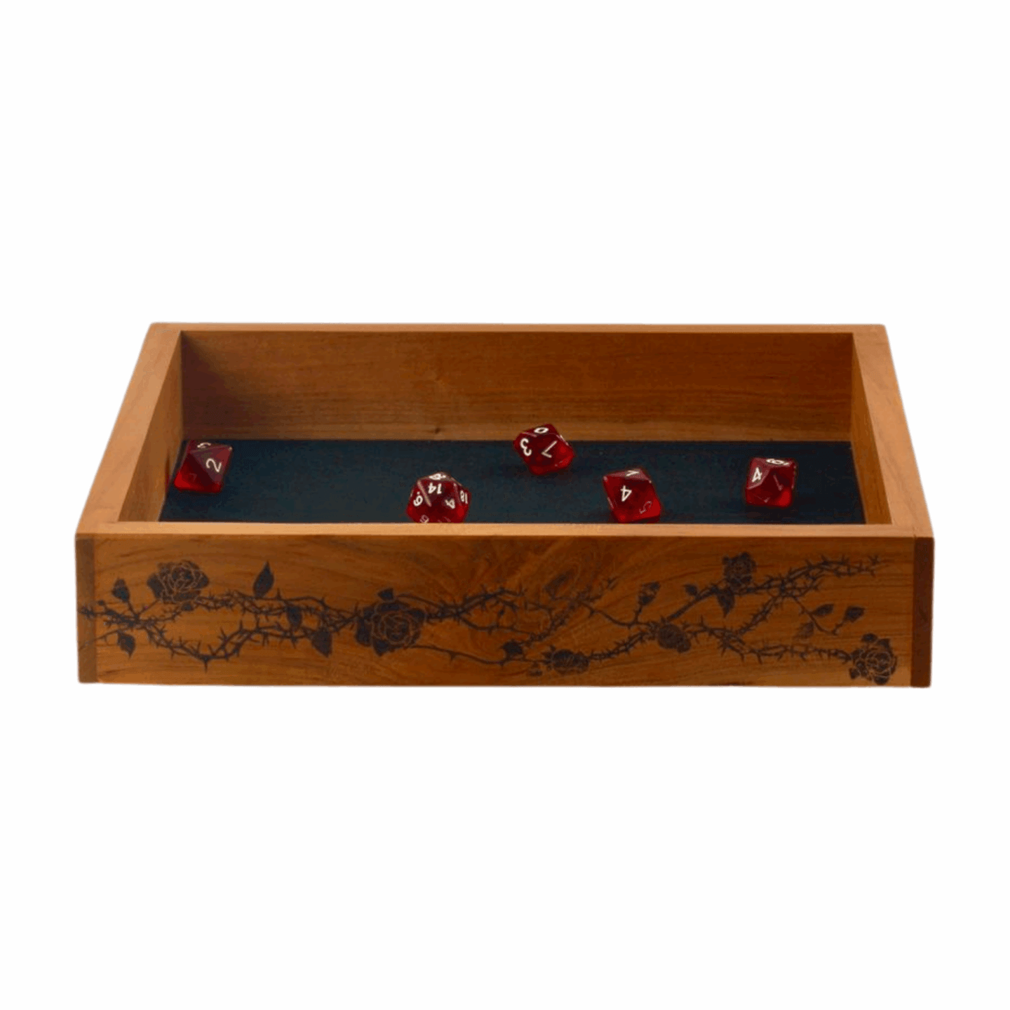 Large Cherry Wood Dice Tray with Rose and Thorn Design for Tabletop Ga –  Dragon Armor Games