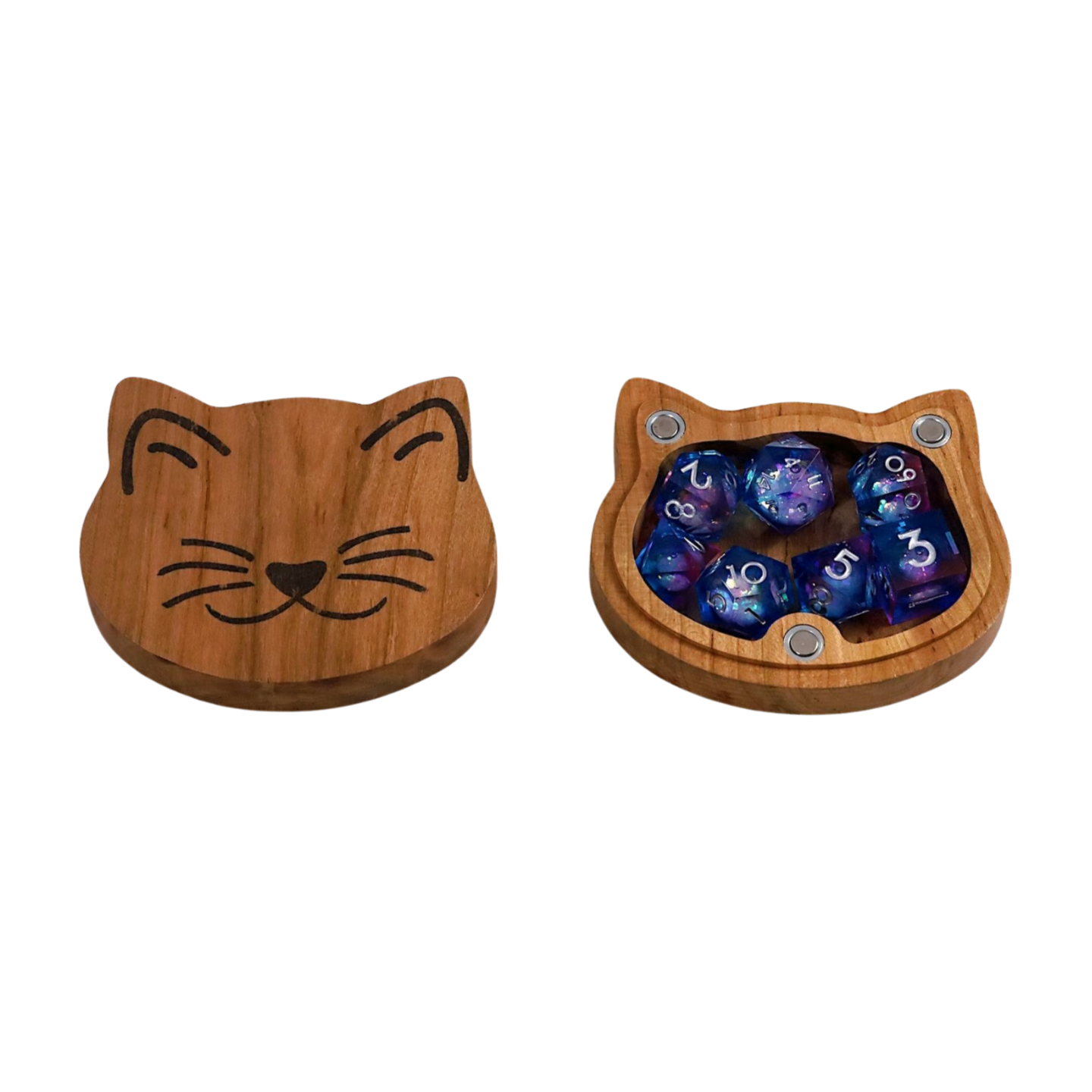 Cute Cat Dice Vault, Wood D20 Storage Case for DnD, TTRPG, Whimsical Kitten Head Magnetic Box, Dungeon Master Valentine Gift for Gamer Girl - Dragon Armor Games