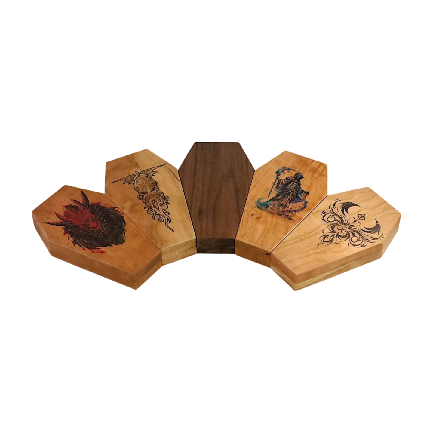 Gothic Coffin Dice Box, Wooden DnD D20 Storage Case with Cthulhu, Grim Reaper, Red Dragon, Mystical Symbol, and Walnut Designs, DM Gift - Dragon Armor Games