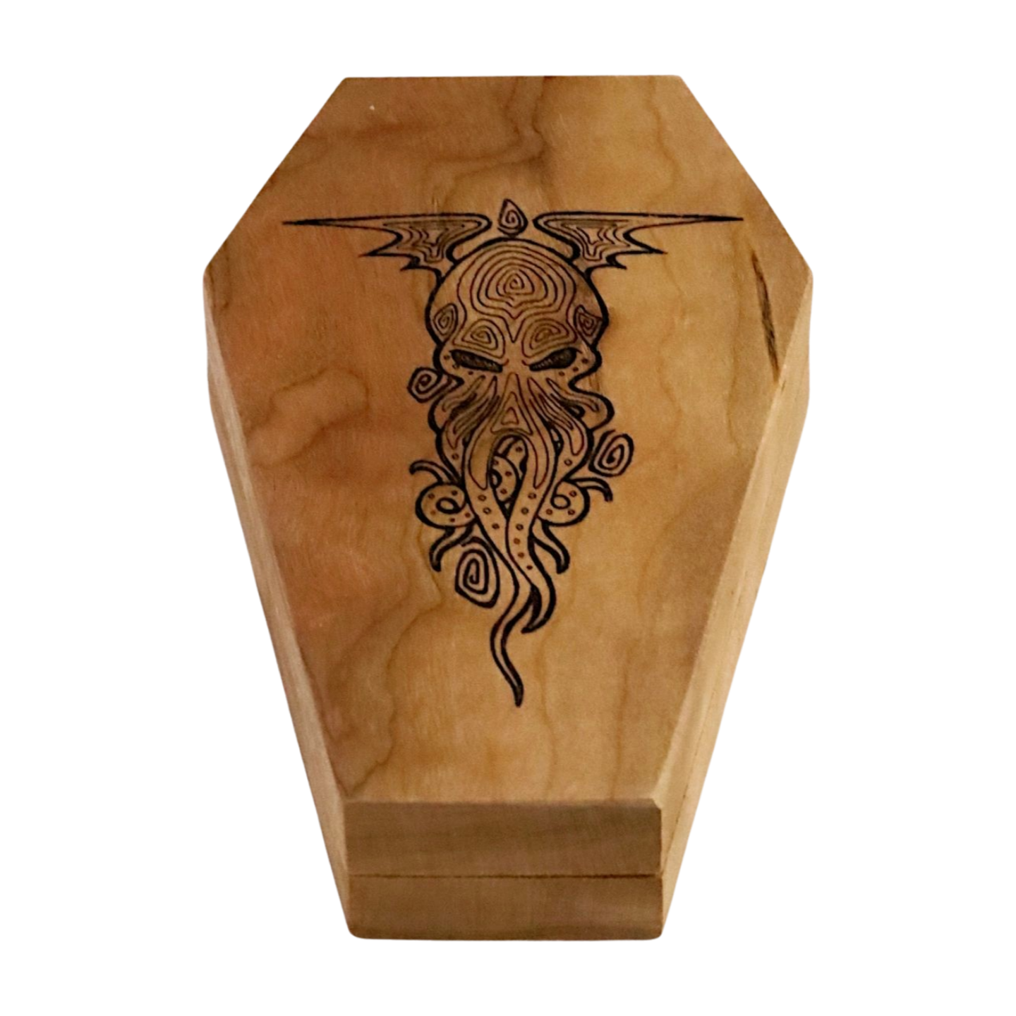 Gothic Coffin Dice Box, Wooden DnD D20 Storage Case with Cthulhu, Grim Reaper, Red Dragon, Mystical Symbol, and Walnut Designs, DM Gift - Dragon Armor Games