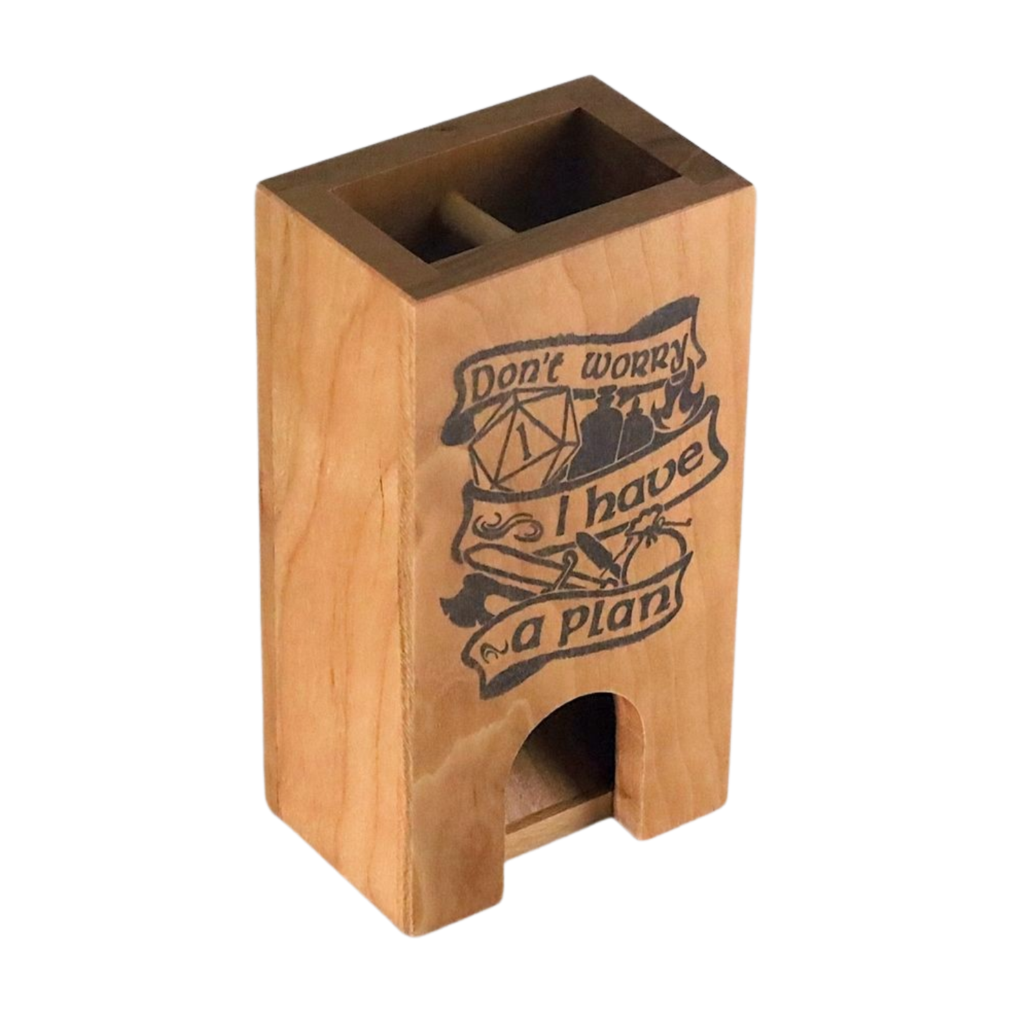 "Don't Worry I have a Plan" DnD Dice Tower Wood for Pathfinder, Shadowrun, TTRPG, D20 Dice Roller Gaming Setup, Dungeon Master Gift for Son - Dragon Armor Games