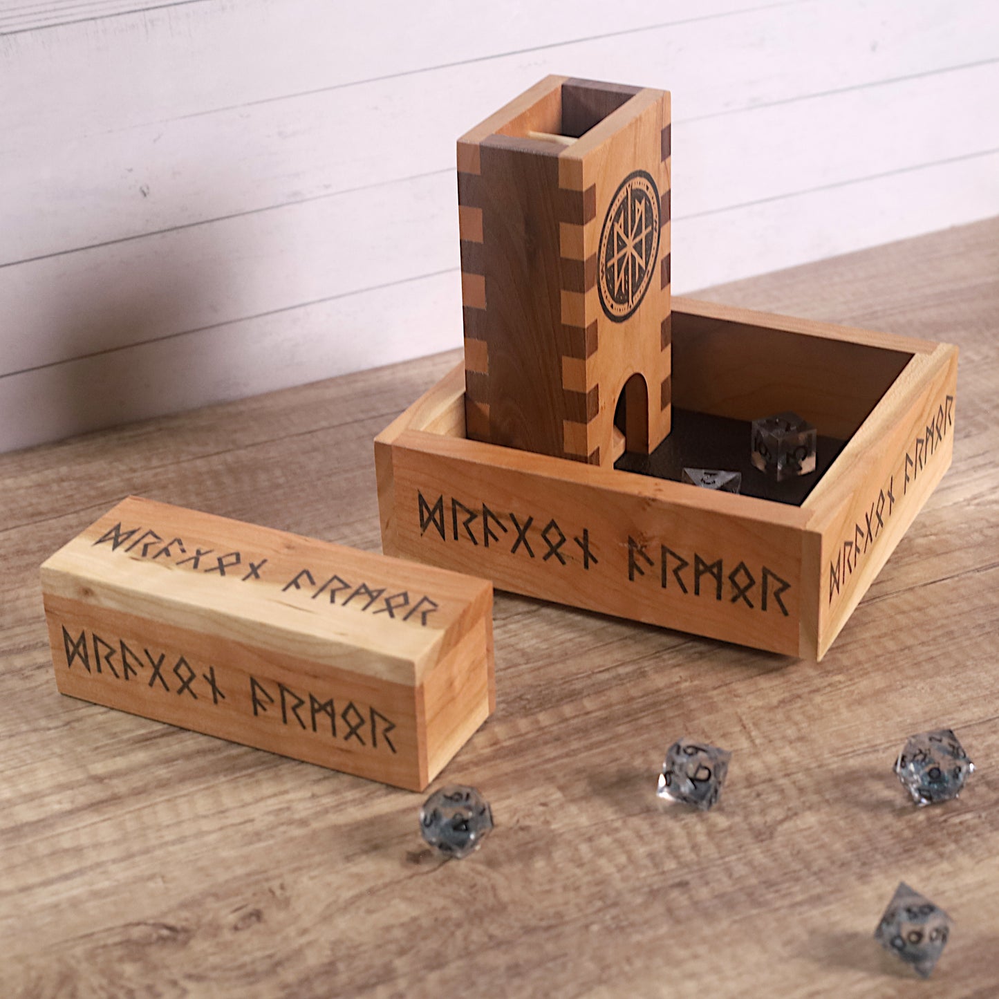 Viking Rune DnD Player Set: Wooden Dice Tray, Tower, and Vault for TTRPG, Pathfinder, Shadowrun, Dungeon Master Gift, Norse Rune Dice Roller - Dragon Armor Games