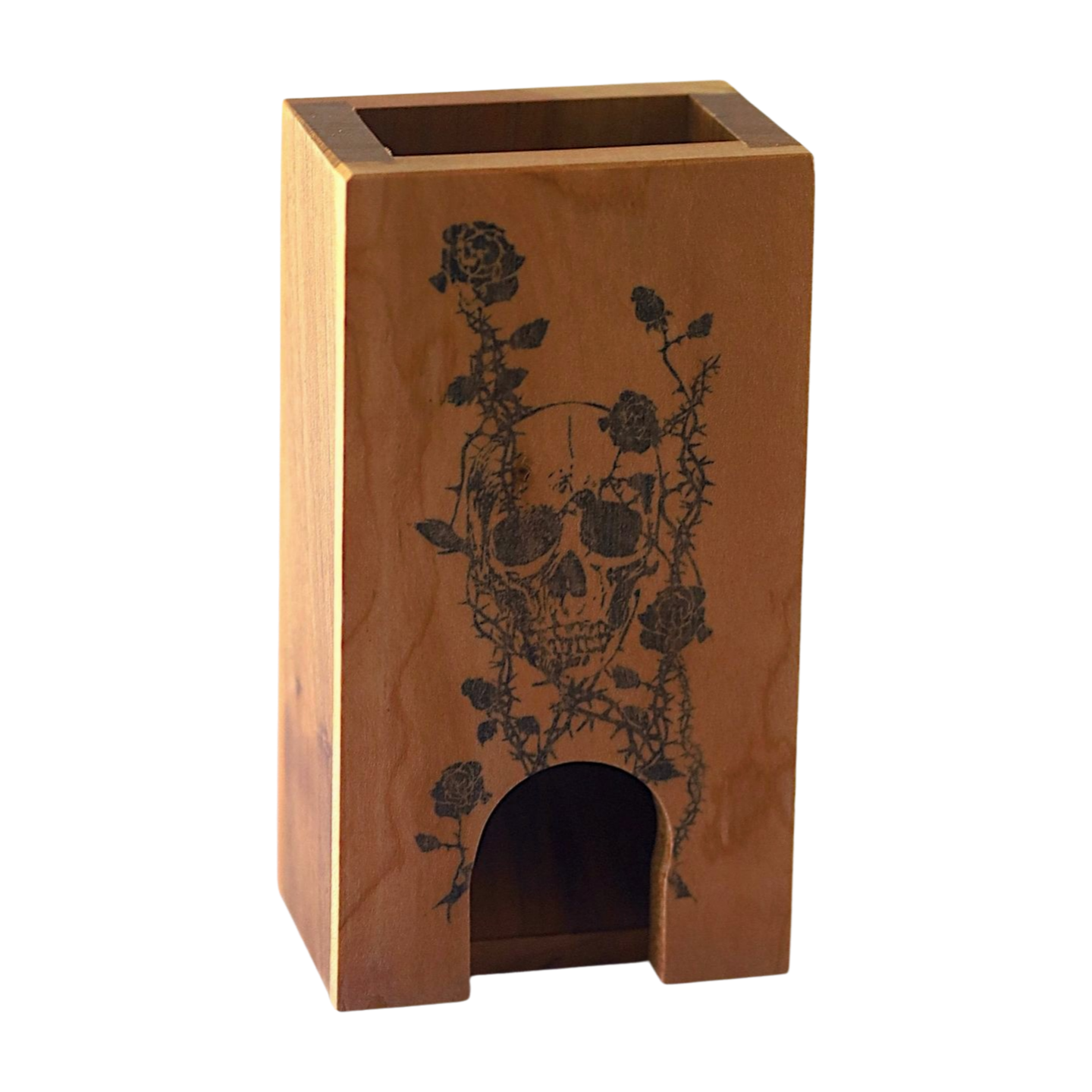 Small Cherry and Walnut Dice Tower with Skull and Roses - Dragon Armor Games