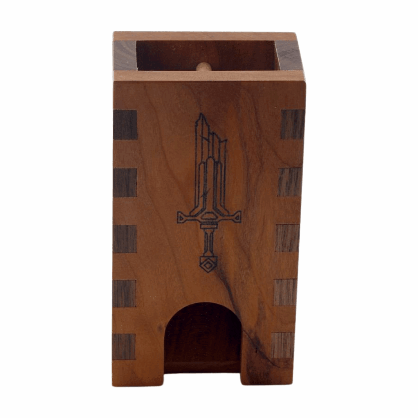 Small Cherry and Walnut Box Joint Dice Tower with Sword - Dragon Armor Games